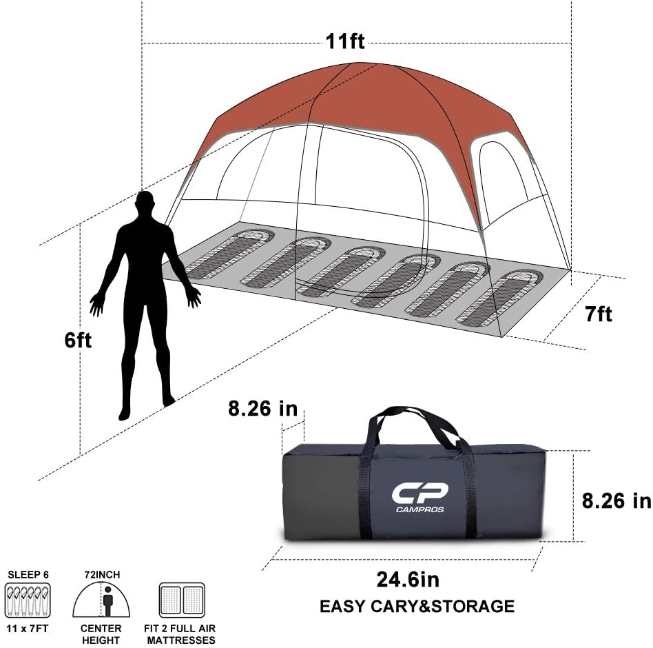 Waterproof Windproof Family Tent with Top Rainfly, 4 Large Mesh Windows